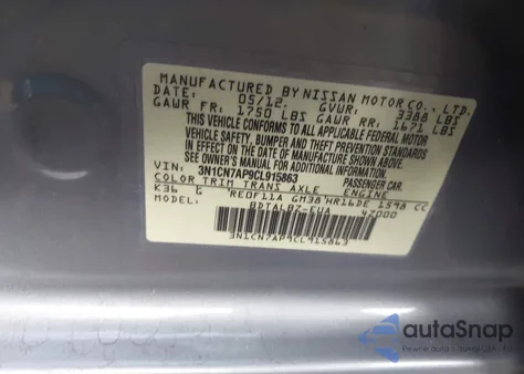 2012 Nissan Versa 1.6 Sv z USA, uszkodzony, nr VIN 3N1CN7AP9CL915863